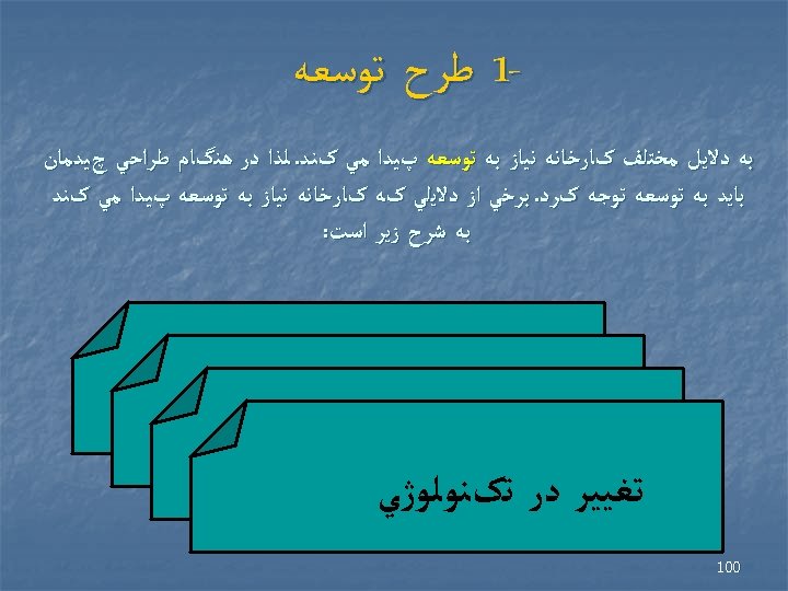  1 ﻃﺮﺡ ﺗﻮﺳﻌﻪ ﺑﻪ ﺩﻻﻳﻞ ﻣﺨﺘﻠﻒ کﺎﺭﺧﺎﻧﻪ ﻧﻴﺎﺯ ﺑﻪ ﺗﻮﺳﻌﻪ پﻴﺪﺍ ﻣﻲ کﻨﺪ.