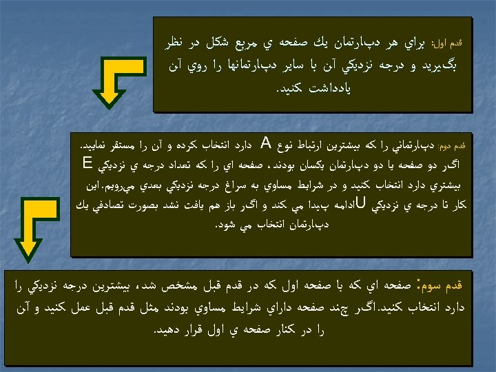  ﻗﺪﻡ ﺍﻭﻝ: ﺑﺮﺍﻱ ﻫﺮ ﺩپﺎﺭﺗﻤﺎﻥ ﻳﻚ ﺻﻔﺤﻪ ﻱ ﻣﺮﺑﻊ ﺷﻜﻞ ﺩﺭ ﻧﻈﺮ ﺑگﻴﺮﻳﺪ