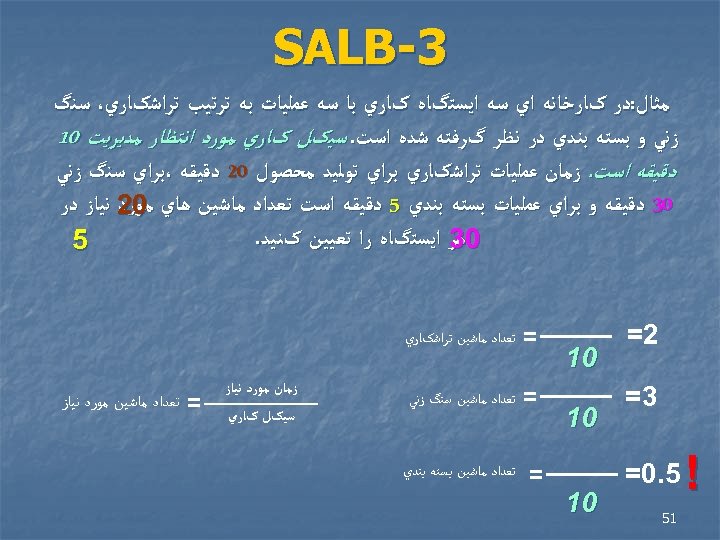  3 - SALB ﻣﺜﺎﻝ: ﺩﺭ کﺎﺭﺧﺎﻧﻪ ﺍﻱ ﺳﻪ ﺍﻳﺴﺘگﺎﻩ کﺎﺭﻱ ﺑﺎ ﺳﻪ ﻋﻤﻠﻴﺎﺕ
