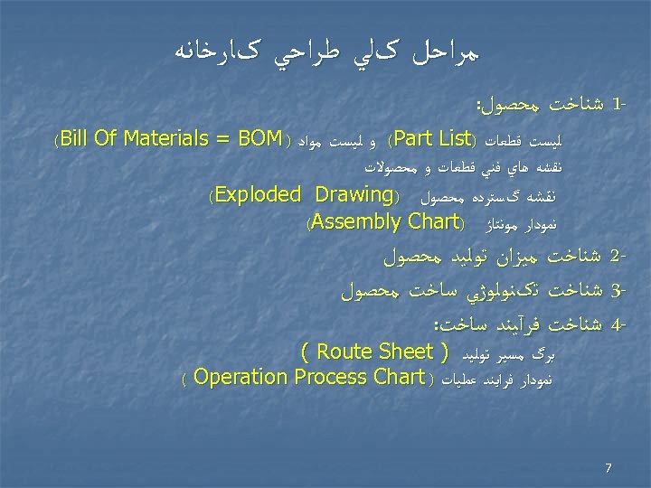  ﻣﺮﺍﺣﻞ کﻠﻲ ﻃﺮﺍﺣﻲ کﺎﺭﺧﺎﻧﻪ 1 ﺷﻨﺎﺧﺖ ﻣﺤﺼﻮﻝ: ﻟﻴﺴﺖ ﻗﻄﻌﺎﺕ ) (Part List ﻭ