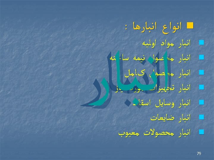  n ﺍﻧﻮﺍﻉ ﺍﻧﺒﺎﺭﻫﺎ : n n n n 97 ﺍﻧﺒﺎﺭ ﻣﻮﺍﺩ ﺍﻭﻟﻴﻪ ﺍﻧﺒﺎﺭ