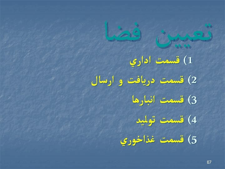  ﺗﻌﻴﻴﻦ ﻓﻀﺎ 1( ﻗﺴﻤﺖ ﺍﺩﺍﺭﻱ 2( ﻗﺴﻤﺖ ﺩﺭﻳﺎﻓﺖ ﻭ ﺍﺭﺳﺎﻝ 3( ﻗﺴﻤﺖ ﺍﻧﺒﺎﺭﻫﺎ