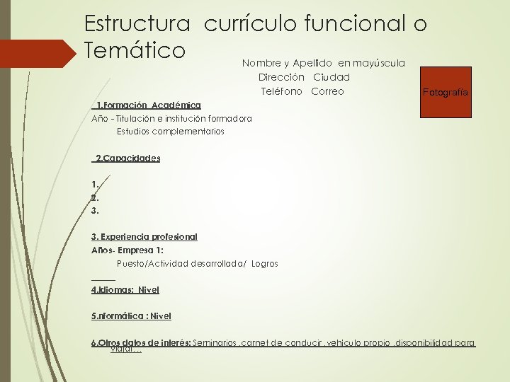 Estructura currículo funcional o Temático Nombre y Apellido en mayúscula Dirección Ciudad Teléfono Correo