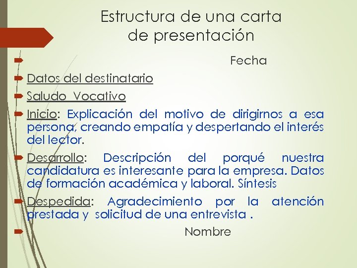 Estructura de una carta de presentación Fecha Datos del destinatario Saludo Vocativo Inicio: Explicación