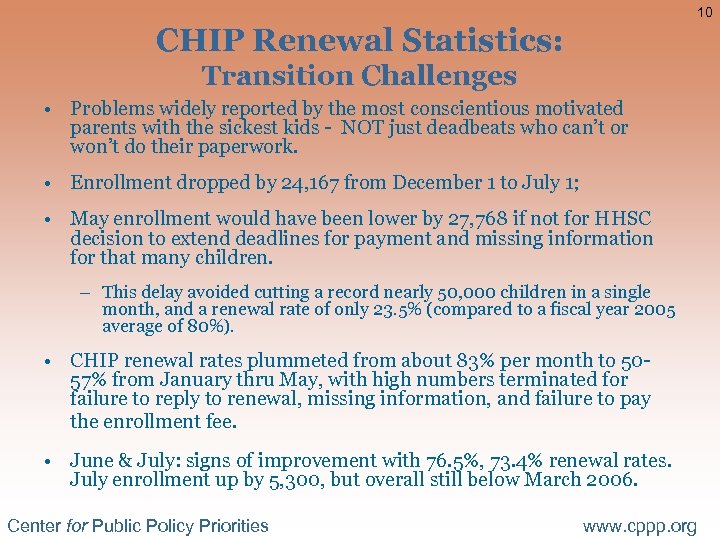 10 CHIP Renewal Statistics: Transition Challenges • Problems widely reported by the most conscientious