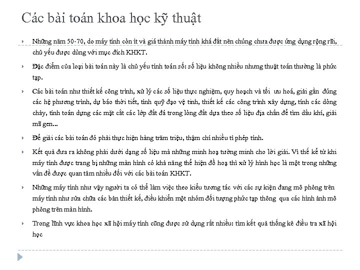 Các bài toán khoa học kỹ thuật Những năm 50 -70, do máy tính