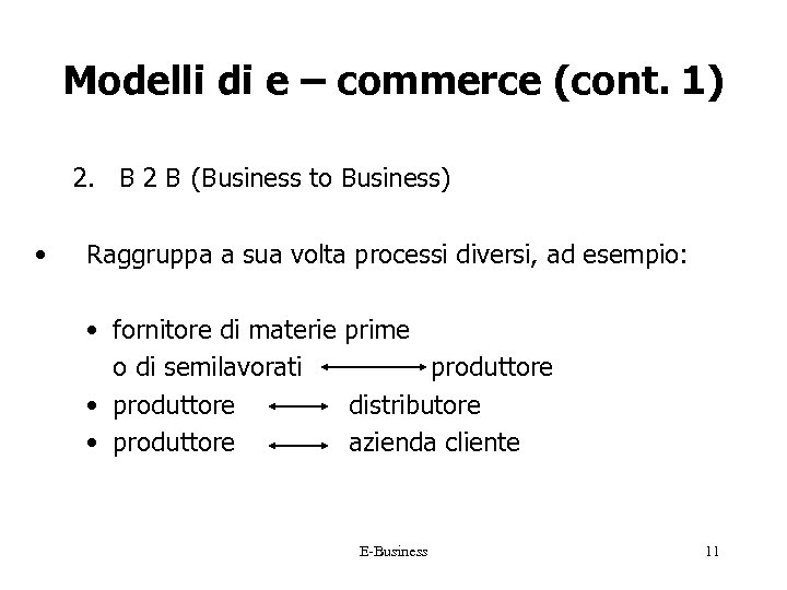 Modelli di e – commerce (cont. 1) 2. B 2 B (Business to Business)