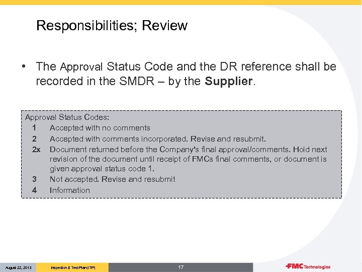 Responsibilities; Review • The Approval Status Code and the DR reference shall be recorded