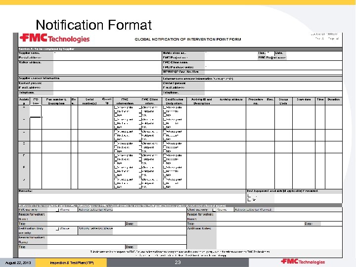 Notification Format August 22, 2013 Inspection & Test Plan (ITP) 23 