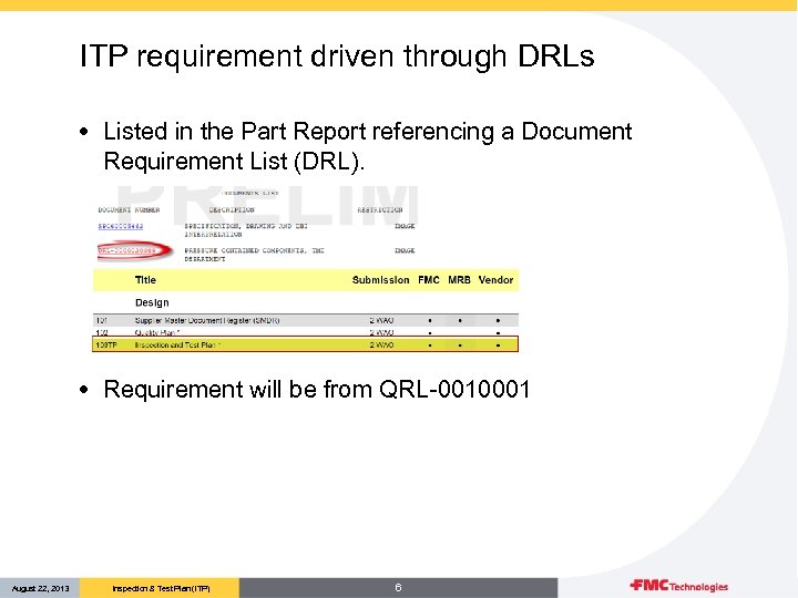 ITP requirement driven through DRLs • Listed in the Part Report referencing a Document