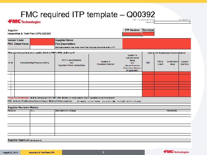 FMC required ITP template – Q 00392 August 22, 2013 Inspection & Test Plan