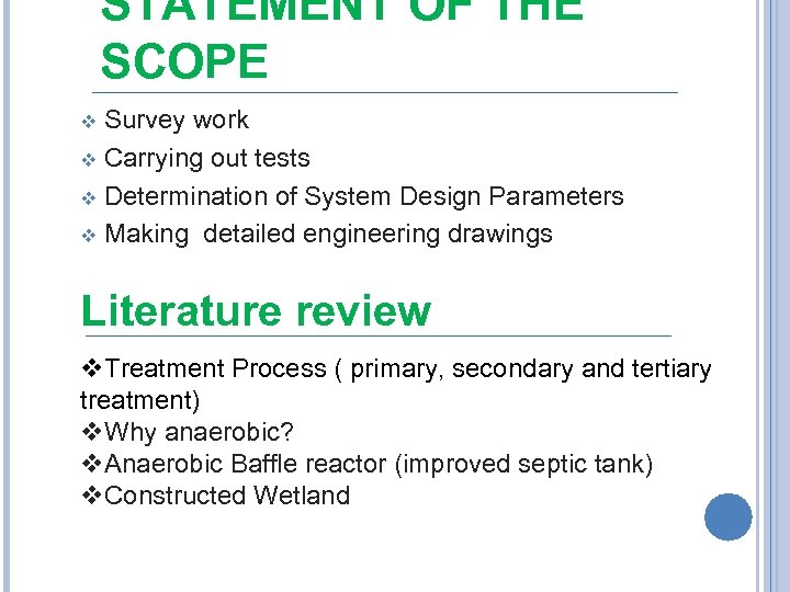 STATEMENT OF THE SCOPE Survey work v Carrying out tests v Determination of System