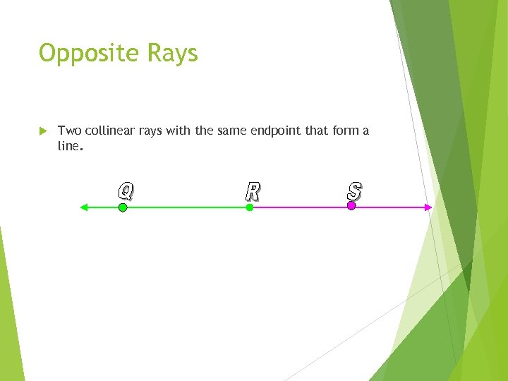 Opposite Rays Two collinear rays with the same endpoint that form a line. 