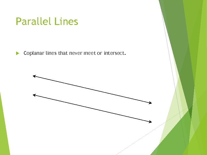 Parallel Lines Coplanar lines that never meet or intersect. 