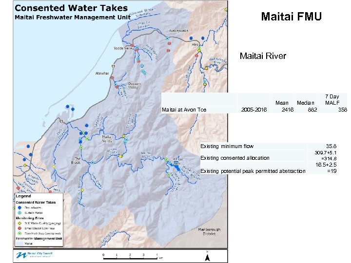 Maitai FMU Maitai River Maitai at Avon Tce 2005 -2016 Mean Median 2416 882