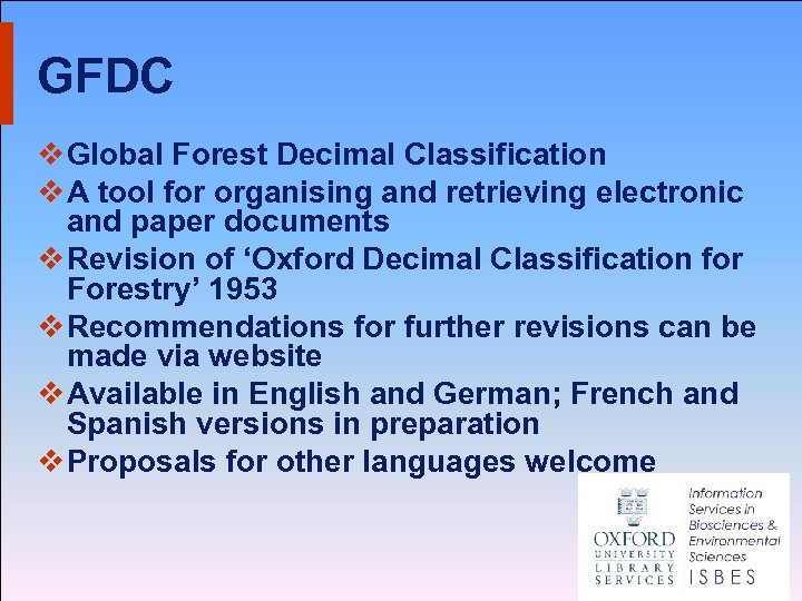 GFDC v Global Forest Decimal Classification v A tool for organising and retrieving electronic