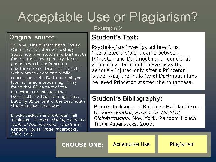 Acceptable Use or Plagiarism? Example 2 Student’s Text: Original source: In 1954, Albert Hastorf