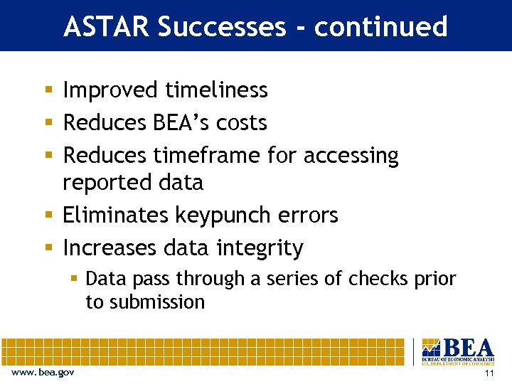 ASTAR Successes - continued § Improved timeliness § Reduces BEA’s costs § Reduces timeframe