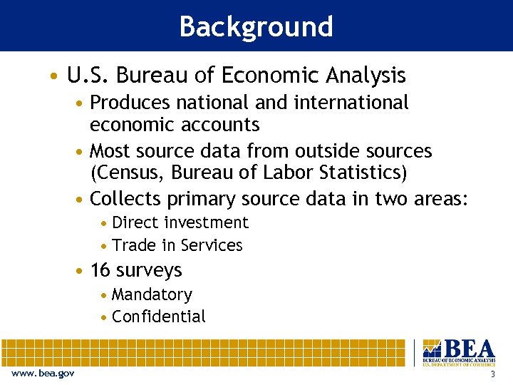 Background • U. S. Bureau of Economic Analysis • Produces national and international economic