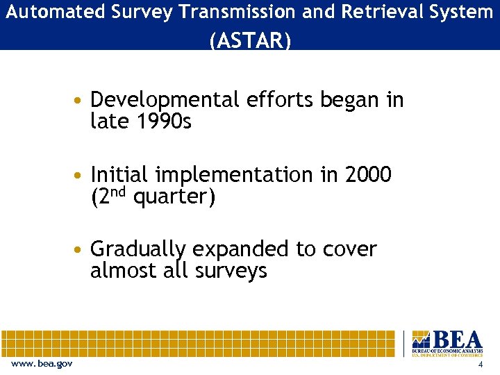 Automated Survey Transmission and Retrieval System (ASTAR) • Developmental efforts began in late 1990