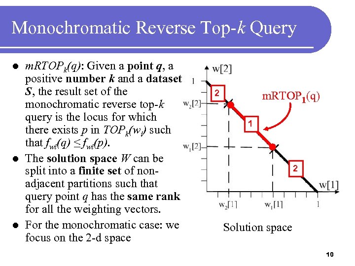 Monochromatic Reverse Top-k Query m. RTOPk(q): Given a point q, a positive number k