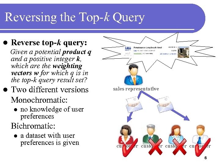 Reversing the Top-k Query l Reverse top-k query: Given a potential product q and