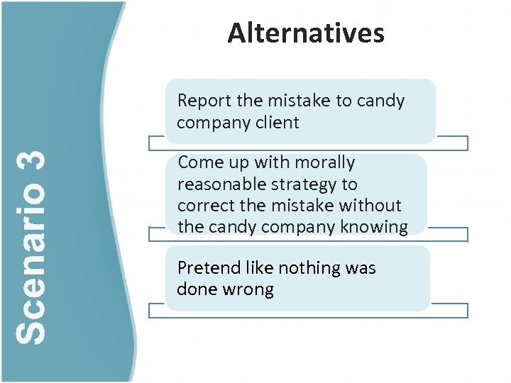 Alternatives Scenario 3 Report the mistake to candy company client Come up with morally