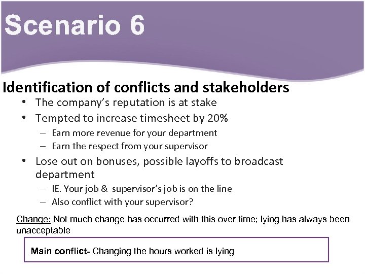 Scenario 6 Identification of conflicts and stakeholders • The company’s reputation is at stake