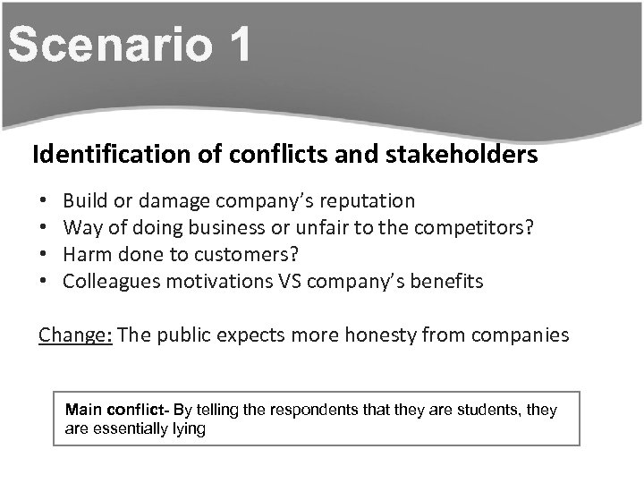 Scenario 1 Identification of conflicts and stakeholders • • Build or damage company’s reputation