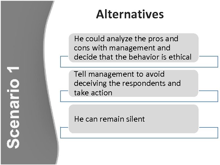 Alternatives Scenario 1 He could analyze the pros and cons with management and decide