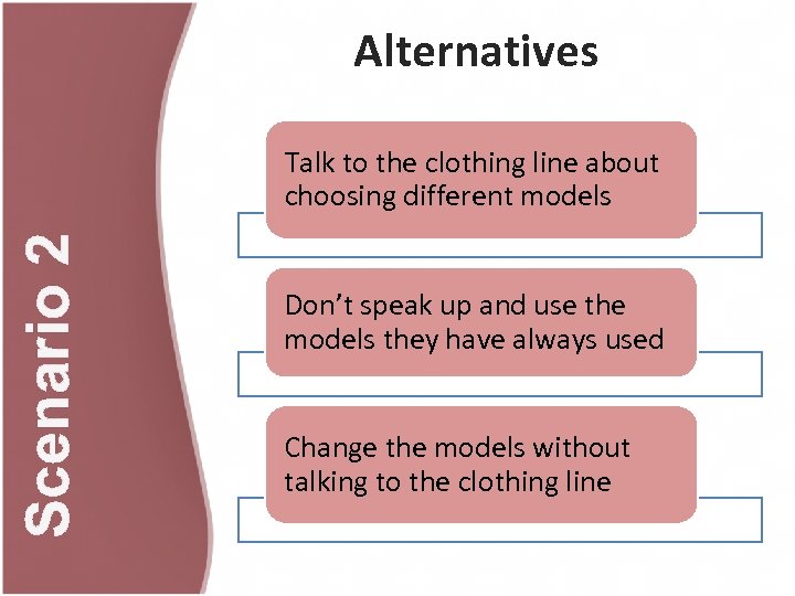 Alternatives Scenario 2 Talk to the clothing line about choosing different models Don’t speak