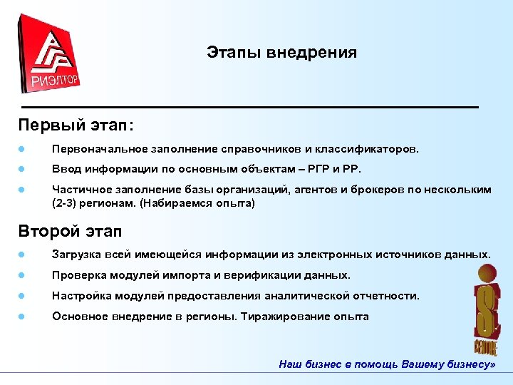 Этапы внедрения Первый этап: l Первоначальное заполнение справочников и классификаторов. l Ввод информации по