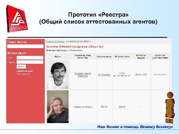 Прототип «Реестра» (Общий список аттестованных агентов) Наш бизнес в помощь Вашему бизнесу» 