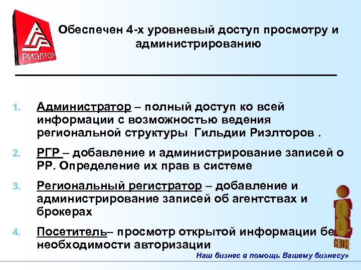 Обеспечен 4 -х уровневый доступ просмотру и администрированию 1. Администратор – полный доступ ко
