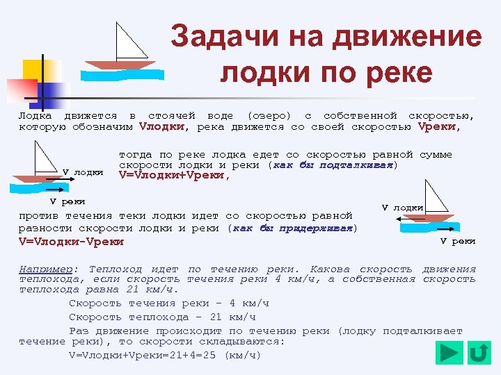 Задачи на движение лодки по реке Лодка движется в стоячей воде (озеро) с собственной