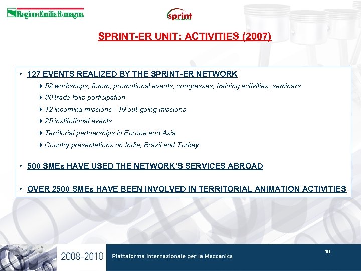 SPRINT-ER UNIT: ACTIVITIES (2007) • 127 EVENTS REALIZED BY THE SPRINT-ER NETWORK 452 workshops,