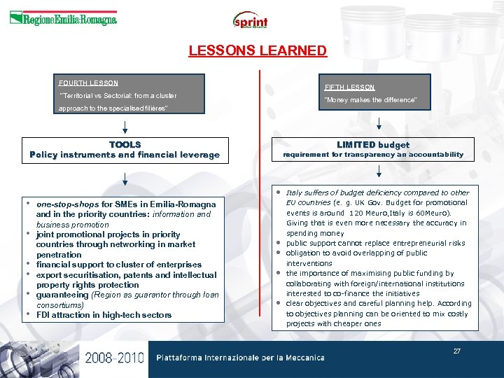LESSONS LEARNED FOURTH LESSON FIFTH LESSON “Territorial vs Sectorial: from a cluster “Money makes