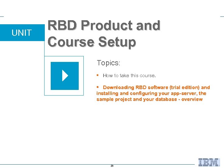 UNIT RBD Product and Course Setup Topics: § How to take this course. §