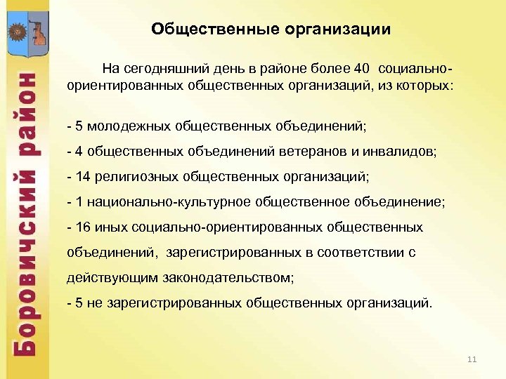 Общественные организации На сегодняшний день в районе более 40 социальноориентированных общественных организаций, из которых: