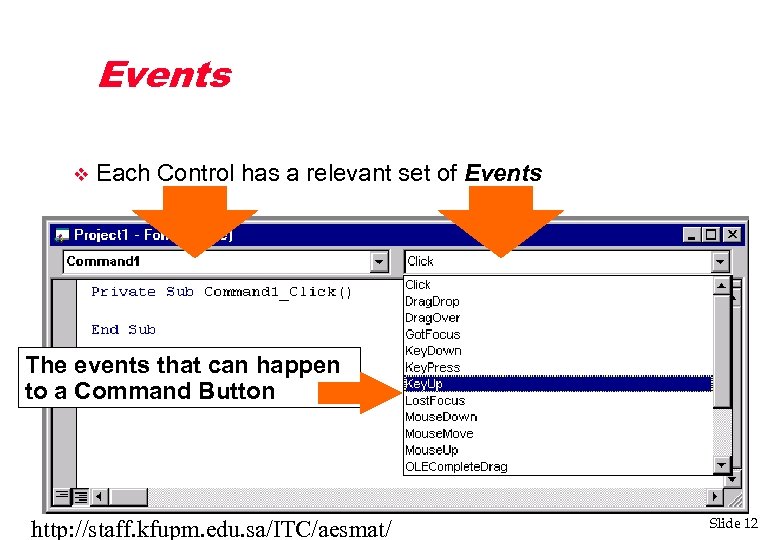 Events v Each Control has a relevant set of Events The events that can