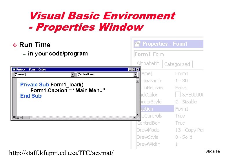 Visual Basic Environment - Properties Window v Run Time – in your code/program Private