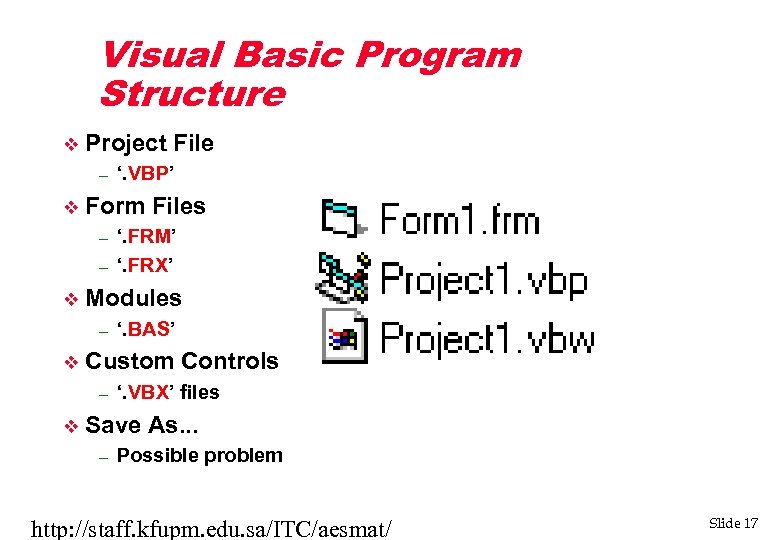 Visual Basic Program Structure v Project File – v Form Files – – v