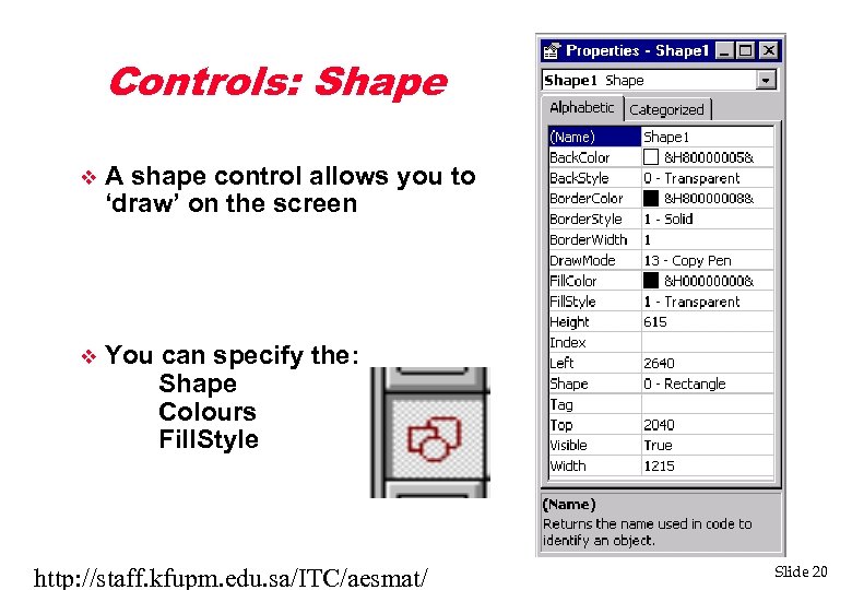 Controls: Shape v A shape control allows you to ‘draw’ on the screen v