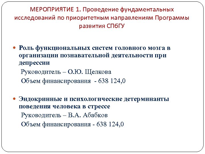 МЕРОПРИЯТИЕ 1. Проведение фундаментальных исследований по приоритетным направлениям Программы развития СПб. ГУ Роль функциональных