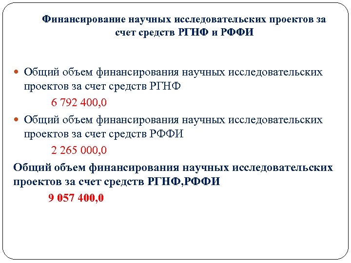 Финансирование научных исследовательских проектов за счет средств РГНФ и РФФИ Общий объем финансирования научных