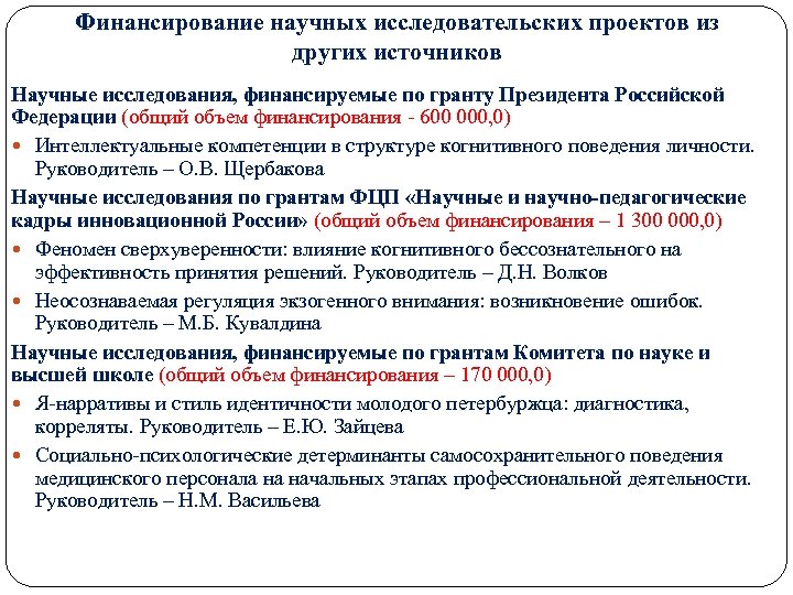 Финансирование научных исследовательских проектов из других источников Научные исследования, финансируемые по гранту Президента Российской