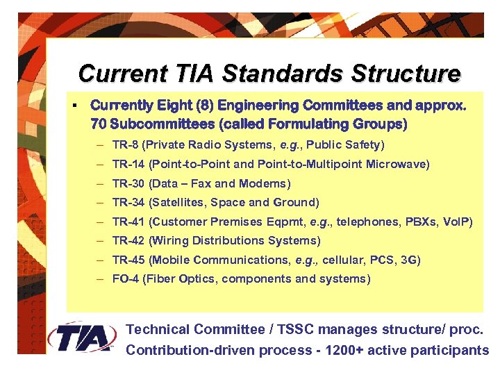 Current TIA Standards Structure § Currently Eight (8) Engineering Committees and approx. 70 Subcommittees