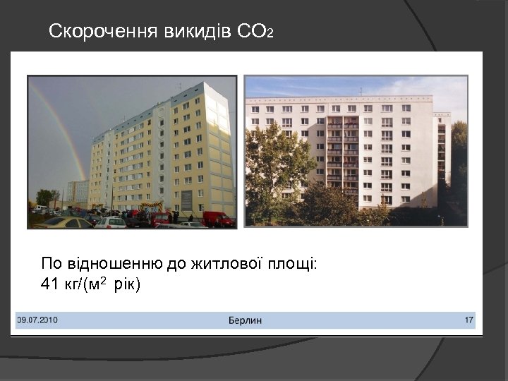 Скорочення викидів СО 2 По відношенню до житлової площі: 41 кг/(м 2 рік) 