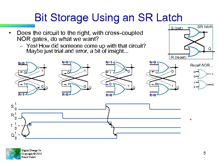 Bit Storage Using an SR Latch SR latch S (set) • Does the circuit