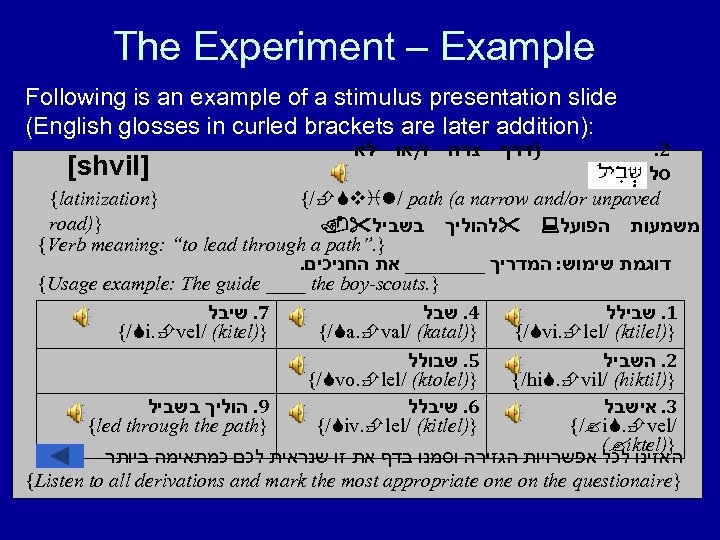 The Experiment – Example Following is an example of a stimulus presentation slide (English